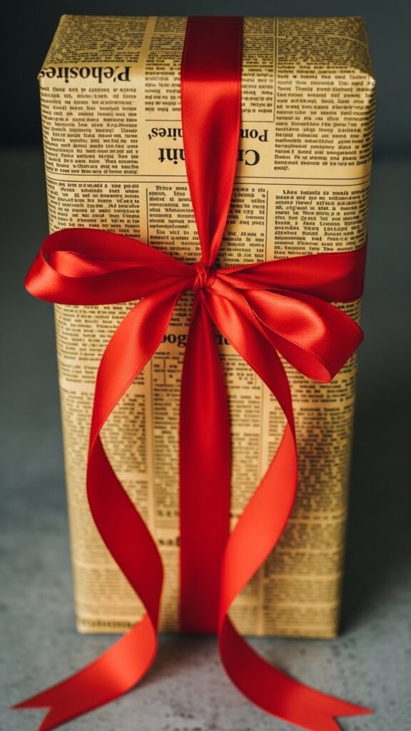Vintage Newspaper Wrap with Red Satin Ribbon